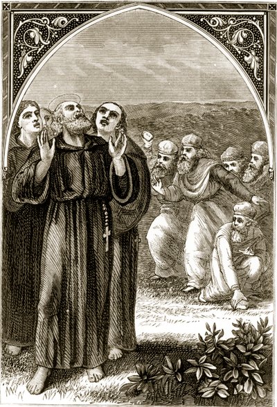 St. Columba singt und wird von den Druiden angegriffen, aus The Trias Thaumaturga, oder Drei Wunderwirkende Heilige von Irland, von Mary Cusack (1829-99) veröffentlicht um 1890 von Irish School