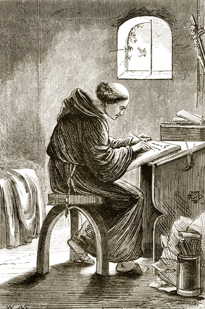 St. Vincent schreibt in seiner Zelle in Ferins, aus The Trias Thaumaturga, oder Drei Wunderwirkende Heilige von Irland, von Mary Cusack (1829-99) veröffentlicht um 1890 von Irish School