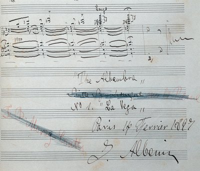 Notenblatt für die Klaviersuite „La Vega“ mit Autogramm von Isaac Albeniz (1860-1909), spanischer Komponist und Pianist. Manuskript vom 14. Februar 1897. Nationalbibliothek von Katalonien. von Isaac Albeniz