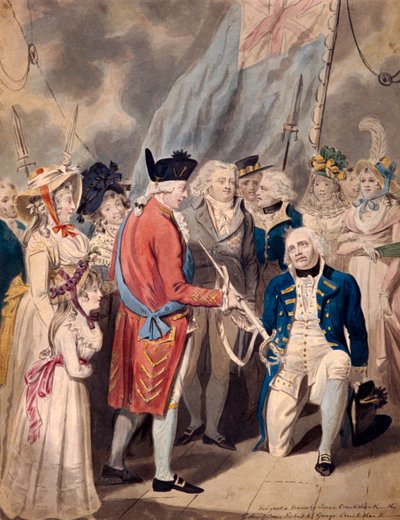 George III überreicht Admiral Earl Howe ein Schwert von Isaac Cruikshank