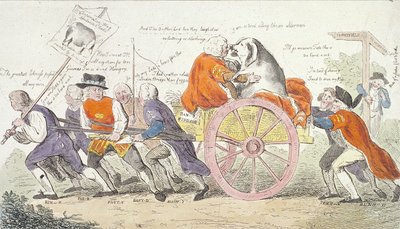 Die Reise des Corporation-Schweins nach Smithfield im Stil oder Aldermänner als Schweineaussteller (1790) von Isaac Cruikshank