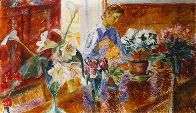 Ein Interieur mit einer Frau, die Pflanzen gießt von Isaac Grunwald