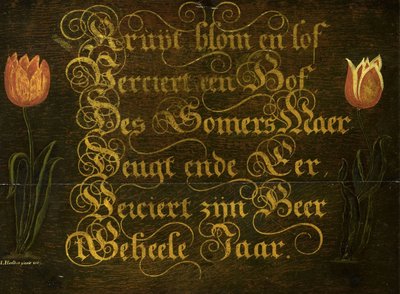 Eine kalligraphische Maxime, flankiert von Tulpen von Isaac Hondius
