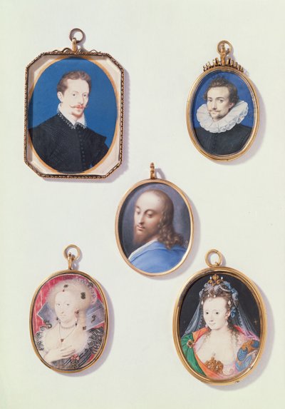 Miniaturen. von L nach R, T nach B: Sir Arundel Talbot; Unbekannter Mann; Kopf von Christus; Anne von Dänemark (1574-1619); Dame im Maskenkostüm von Isaac Oliver