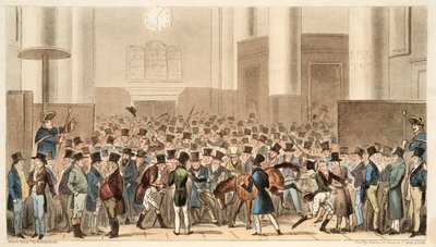 Bullen und Bären in großer Hektik, oder Billy Wrights Pony wird Mitglied der Börse, aus The English Spy, veröffentlicht 1824 von Isaac Robert Cruikshank