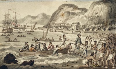 Captain Cook landet in Owyhee, Illustration aus "Die Reisen von Captain Cook" von Isaac Robert Cruikshank