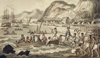 Captain Cook landet auf Owyhee, aus den Reisen von Captain Cook von Isaac Robert Cruikshank
