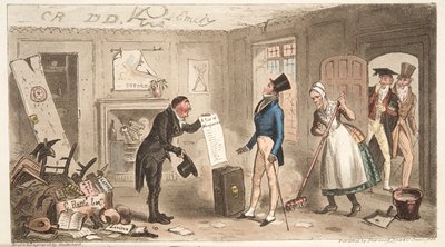 College-Komfort, ein Neuling bezieht seine Zimmer, aus The English Spy, veröffentlicht 1824 von Isaac Robert Cruikshank