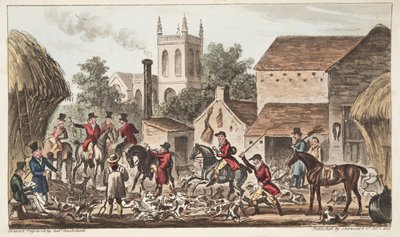 Ausgehen; Eine Ansicht des Berkeley Hunt Kennel, aus The English Spy, veröffentlicht 1824 von Isaac Robert Cruikshank