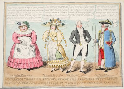 Haushaltstruppen, oder Eine Skizze einiger der wichtigsten vertrauenswürdigen und vertraulichen Hausangestellten würdiger und vertrauensvoller Familien, 1827 von Isaac Robert Cruikshank