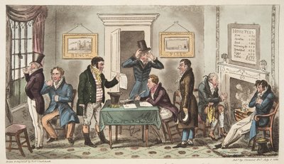 Morgen und in schlechter Stimmung, eine Szene in einem Spunging House, Carey Street, ein bisschen gute Wahrheit, aus The English Spy, veröffentlicht London, 1824 von Isaac Robert Cruikshank