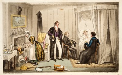 Tom Echo mit dem Headington-Fieber oder ein Oxonianer sehr nah an der Wand, aus The English Spy, veröffentlicht London, 1824 von Isaac Robert Cruikshank