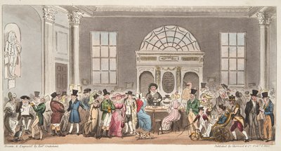 Bekannte Besucher des Pump Room, Bath, trinken einen Schluck mit König Bladud, aus The English Spy, veröffentlicht 1824 von Isaac Robert Cruikshank