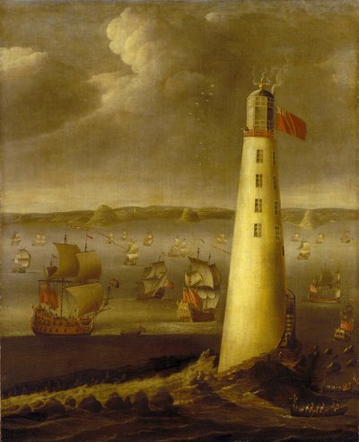 Eddystone-Leuchtturm, vor der Küste von Devon (England). Öl auf Leinwand, um 1708, von Isaac Sailmaker (1633-1721) von Isaac Sailmaker