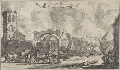 Französische Truppen plündern und schießen durch die Ruinen des Dorfes Nigtevecht, 1672 von Isaac Sorious