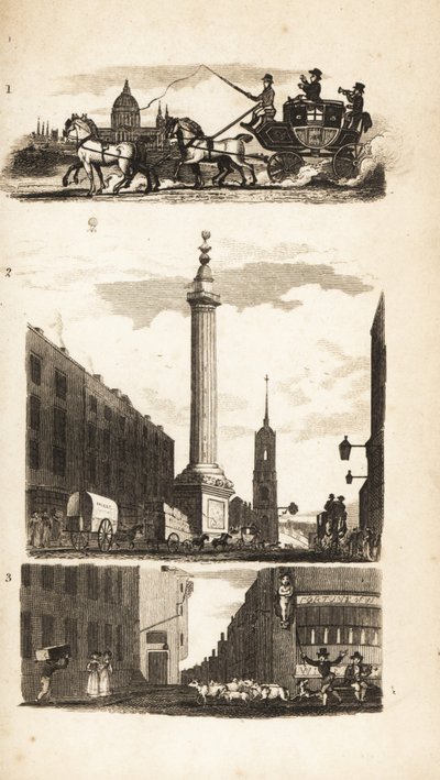 Landmänner auf einer Postkutsche, das Monument und Pie Corner von Isaac Taylor