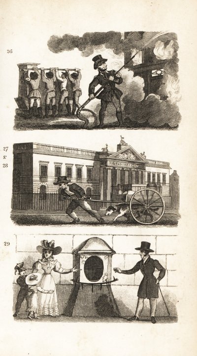 Die Feuerlöschmaschine, Waren auf einem Wagen ziehend, East India House und London Stone von Isaac Taylor