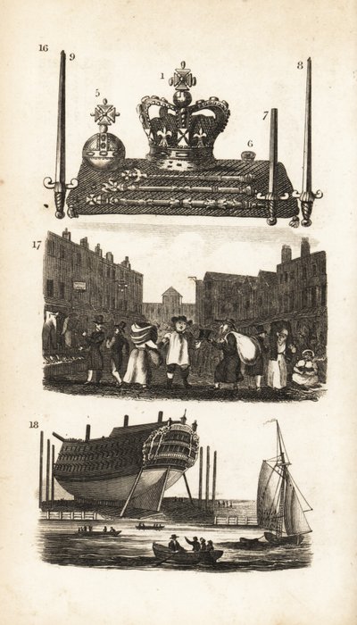 Das Juwelenbüro im Tower of London, Rag Fair und alte Kleidung und Schiffbau von Isaac Taylor