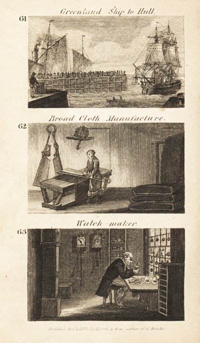 Berufe im Regency-England: Grönlandschiff nach Hull, Tuchherstellung und Uhrmacher von Isaac Taylor