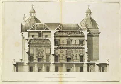 Houghton Hall: Querschnitt der Halle und des Salons, graviert von Pierre Fourdrinier, 1735 von Isaac Ware