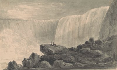 Ansicht der Niagarafälle mit zwei Figuren, die auf einem Felsen im Vordergrund sitzen von Isaac Weld