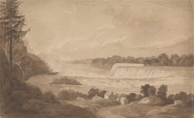 Ansicht der Niagarafälle mit den Fällen im Hintergrund, rechts, und Landschaft mit Häusern im Vordergrund von Isaac Weld