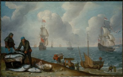 Fischer mit Fang am Strand, Kriegsschiffe in einer Bucht von Isaac Willaerts