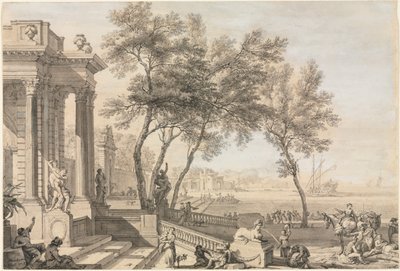 Fantastische Hafenszene mit Architektur und Figuren von Isaac de Moucheron