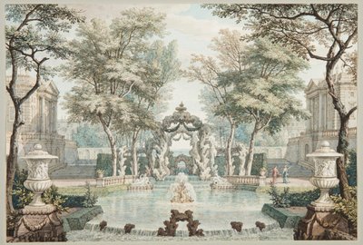 Garten mit klassischen Gebäuden und einem Brunnen von Isaac de Moucheron