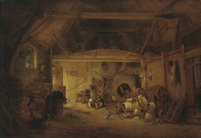 Scheuneninterieur mit zwei Kindern beim Essen und einem arbeitenden Mann von Isaac van Ostade