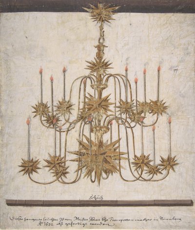 Entwurf für einen Kronleuchter mit sechzehn Kerzen, 1632 von Isaak Ehe
