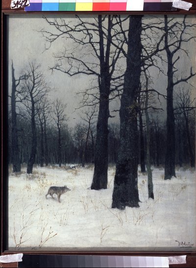 Wald im Winter. Schwarze und kahle Bäume im Schnee, mit einem Wolf von Isaak Ilyich Levitan