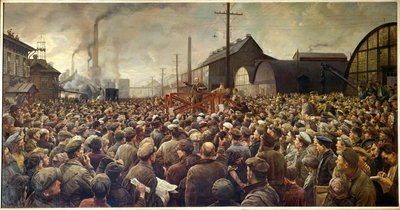 Russische Revolution von 1917: Lenin spricht zu den Arbeitern der Putilov-Fabrik in Petrograd von Isaak Israilevich Brodsky