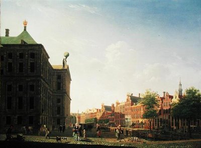 Ein Blick entlang des Nieuwezijds Voorburgwal in Amsterdam, der die Rückseite des Königspalastes zeigt, 1782 von Isaac Ouwater