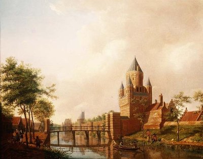 Ansicht der Kleine Houtpoort in Haarlem mit der Grote Houtpoort im Hintergrund von Isaac Ouwater