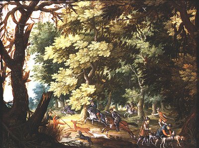 Waldlandschaft mit Jägern und Hunden von Isaak van Oosten