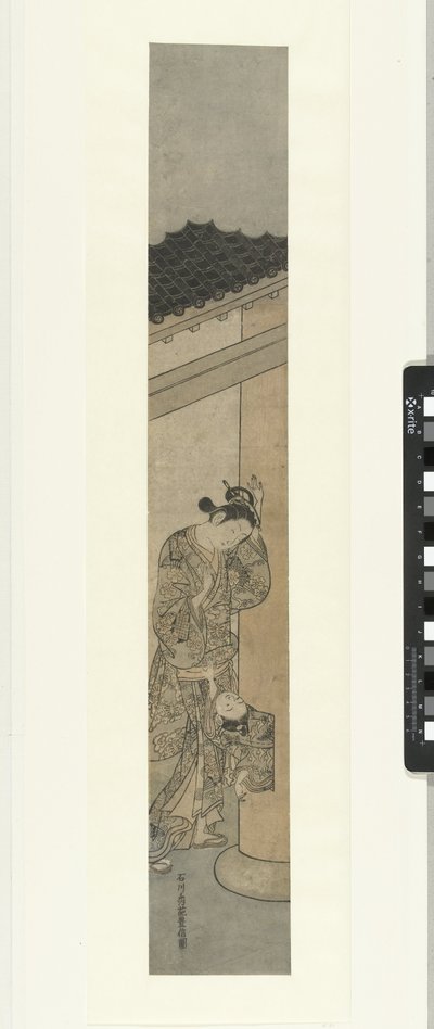 Frau schaut auf Kind, das aus einem Loch in einer Säule kriecht von Ishikawa Toyonobu
