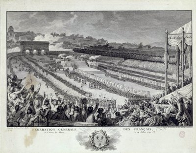 Französische Revolution: Ansicht des Festes der Generalföderation der französischen Departements auf dem Champs de Mars in Paris am 14.07.1791. Illustration von Isidore Helman von Isidore Stanislas Helman