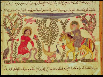 Ein Arzt leistet einem von einer Schlange gebissenen Mann Hilfe, Manuskript aus einem Traktat von Dioscorides, 13. Jahrhundert von Islamic School