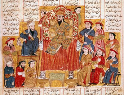 Islamische Kunst: „Ein Sultan und sein Hof“ Persische Miniatur aus einem Manuskript des Epos „Shahnameh“ (Buch der Könige) von Ferdowsi (ca. 940-1020) von Islamic School