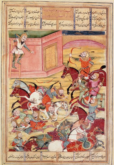 Islamische Kunst: „Sam schießt einen Pfeil, um ein verzaubertes Schloss zu verteidigen“. Persische Miniatur aus einem Manuskript des Epos „Shahnameh“ (Buch der Könige) von Ferdowsi (ca. 940-1020). von Islamic School