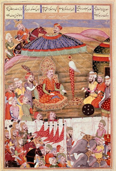 Islamische Kunst: „Sohrab schaut erneut auf das Zelt von Roustam“. Persische Miniatur aus einem Manuskript des Epos „Shahnameh“ (Buch der Könige) von Ferdowsi (ca. 940-1020). von Islamic School
