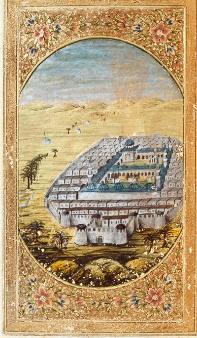 Ansicht von Mekka (La Mekke), Ort der muslimischen Pilgerfahrt, und die Ebenen des Berges Arafat (Arafah), Saudi-Arabien. Seite aus einer Ausgabe des Korans von Islamic School