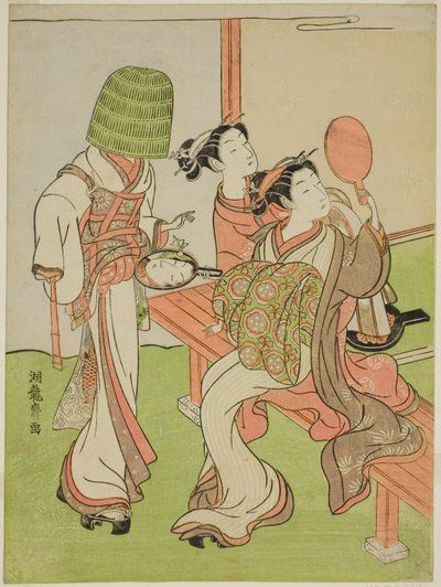 Eine Kurtisane und ihre Begleiterin benutzen Spiegel, um einen Bettelmönch zu identifizieren von Isoda Koryusai