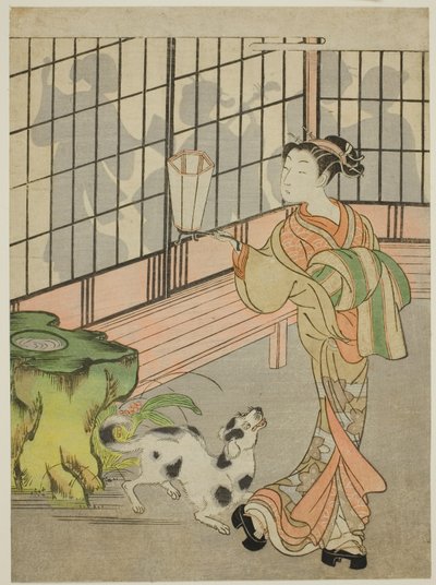 Kurtisane, die auf Schatten auf dem Shoji zurückblickt von Isoda Koryusai