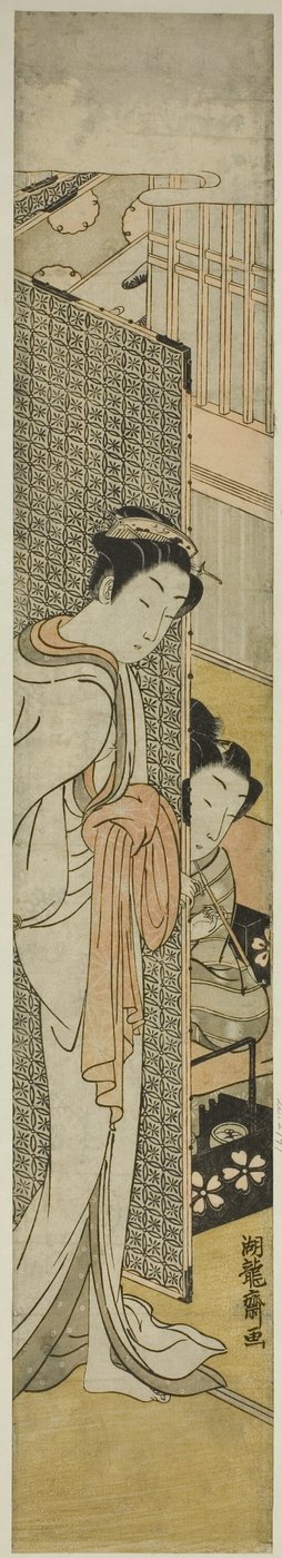 Kurtisane hinter einem Schirm stehend und junger Mann rauchend von Isoda Koryusai