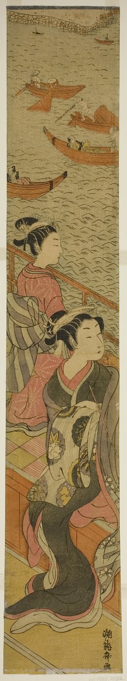 Kurtisane und ihre Begleiterin auf einem Balkon mit Blick auf den Fluss von Isoda Koryusai