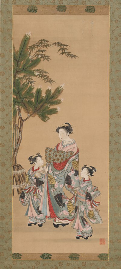 Kurtisane und zwei Begleiter am Neujahrstag von Isoda Koryusai