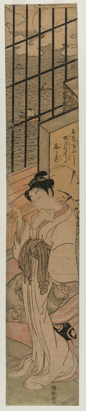 Kurtisane in einem Zimmer mit Blick auf die Bucht von Edo von Isoda Koryusai