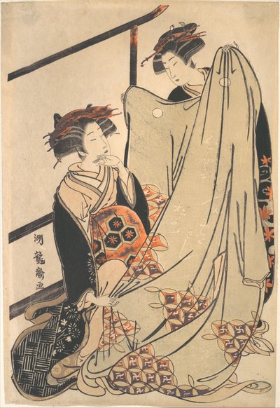 Zwei Schönheiten betrachten Kimono von Isoda Koryusai